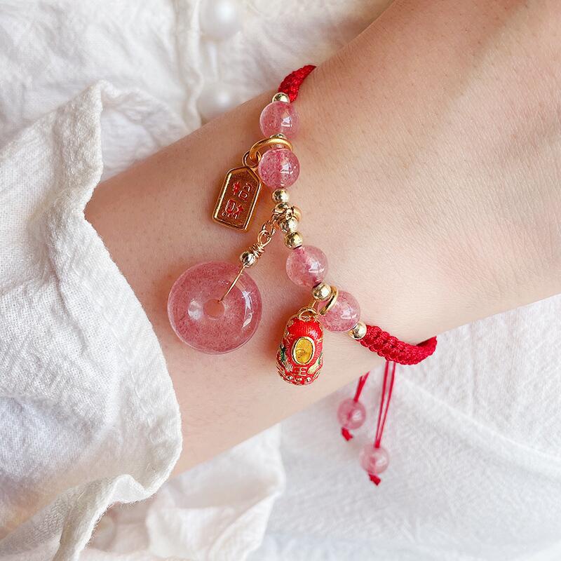 Vòng tay bện màu đỏ đính đá pha lê dâu tây thời trang xuân hè cho nữ