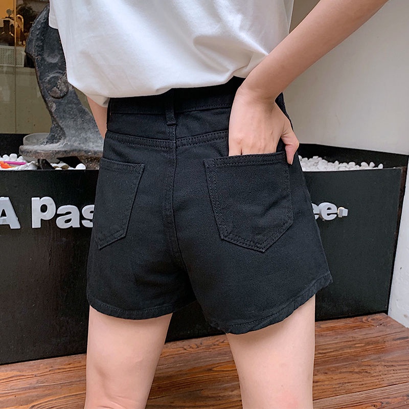 Quần Short Denim Lưng Cao Ống Rộng Màu Đen Thời Trang Mùa Hè Phong Cách Hàn Quốc Cho Nữ