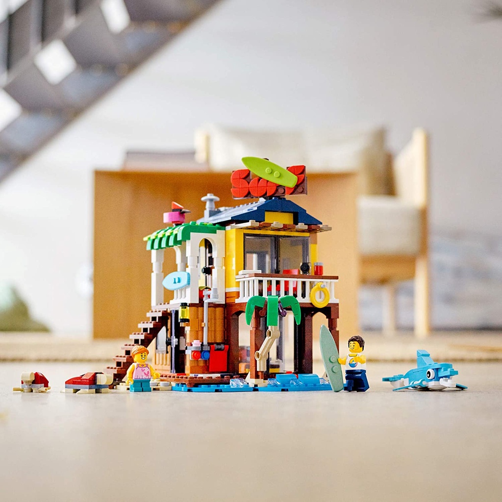 LEGO Creator 3in1 Surfer Beach House 31118 Building Kit Featuring Beach Hut and Animal Toys, Nhà lướt sóng bãi biển
