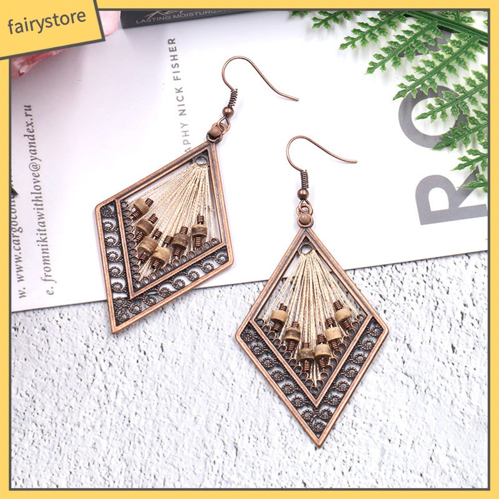 Hoa tai dáng dài bằng kim loại hình thoi phong cách Bohemian