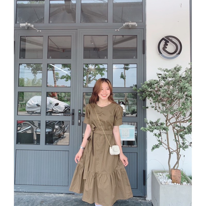 Đầm linen cotton khuy bọc màu nâu rêu