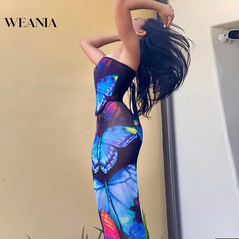 Set Đồ 2 Món Gồm Áo Ống Và Chân Váy Lưới Xuyên Thấu In Họa Tiết Bướm Cho Nữ