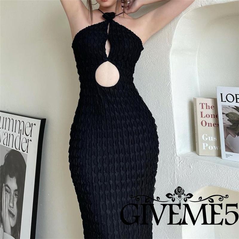 GIVEME-Women´s Modified Cheongsam Long Dress Solid Color Floral Decoration Halter Neck Off Shoulder Cutout Dress