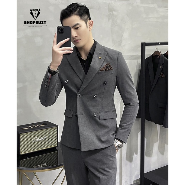 Vest Nam đẹp 6 cúc màu ghi xám, Áo Blazer nam phong cách Hàn Quốc