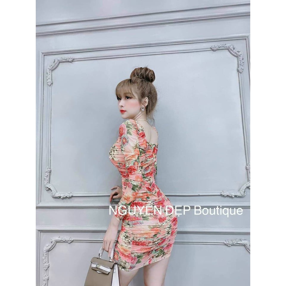 Đầm ôm bodyin hoa tay dài nhún thân hở lưng siêu xinh ( có mút ngực ) chất thun dẻo mềm phù hợp  Đi chơi, dạo phố | BigBuy360 - bigbuy360.vn