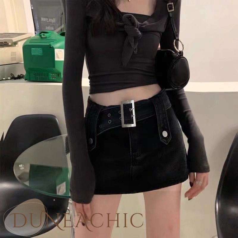 DUNEA Chân váy jean dáng ngắn lưng cao thời trang dành cho nữ