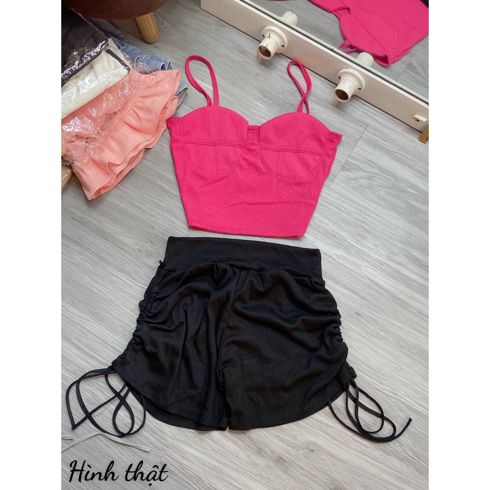 Set áo 2 dây gân khoét ngực quần thun gân rút dây 2 bên tập gym