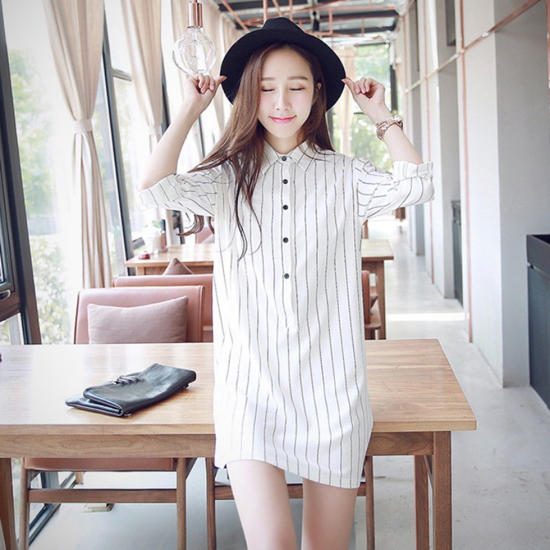 Đầm sơmi họa tiết kẻ sọc tay dài cổ bẻ thanh lịch thời trang cho nữ | BigBuy360 - bigbuy360.vn