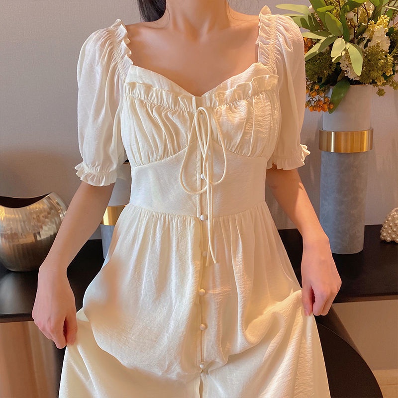 Đầm Công Chúa Tay Phồng Cột Dây Eo Phong Cách Ngọt Ngào Thời Trang Mùa Hè Hàng Mới
