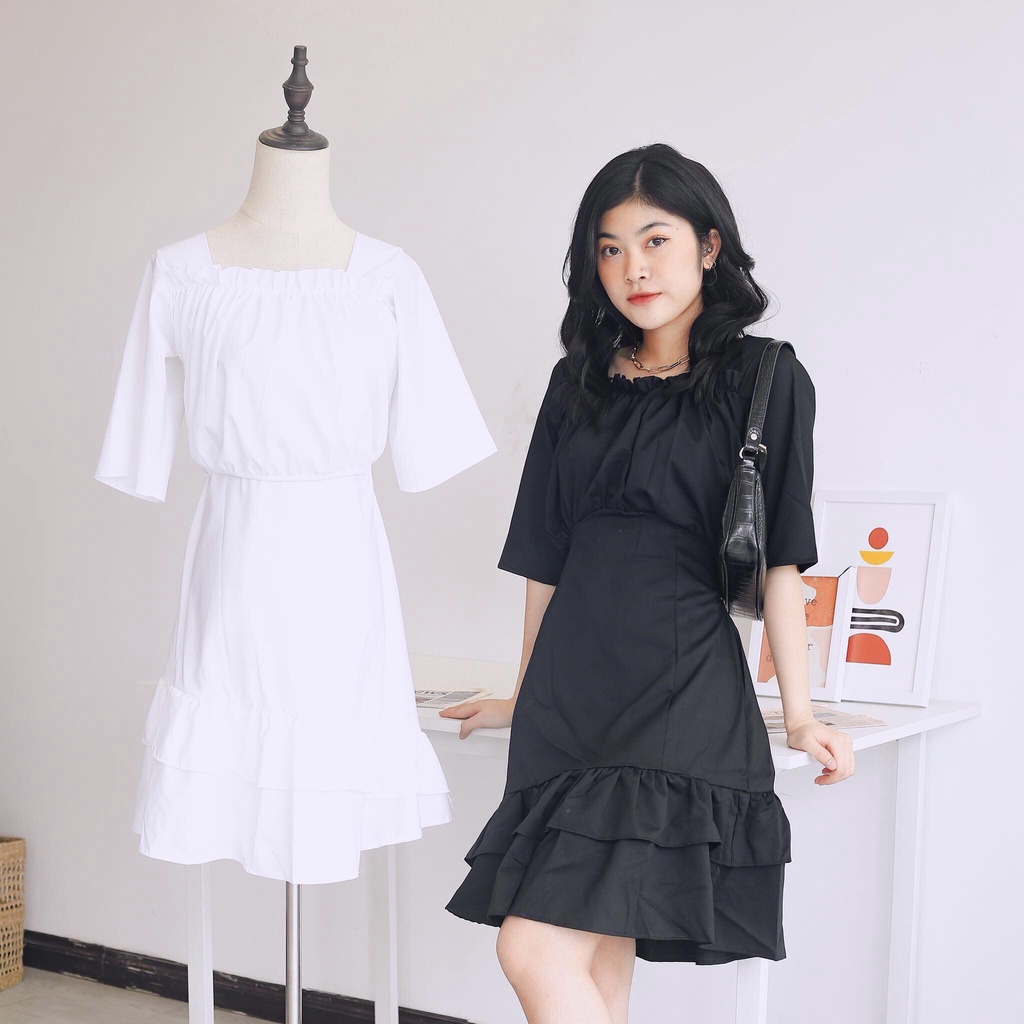 Đầm Nữ Cổ Vuông Đuôi Cá Phong Cách Retro Đen Trắng - Váy Trễ Vai Buộc Nơ Sau Mặc 2 Kiểu Bèo Tầng