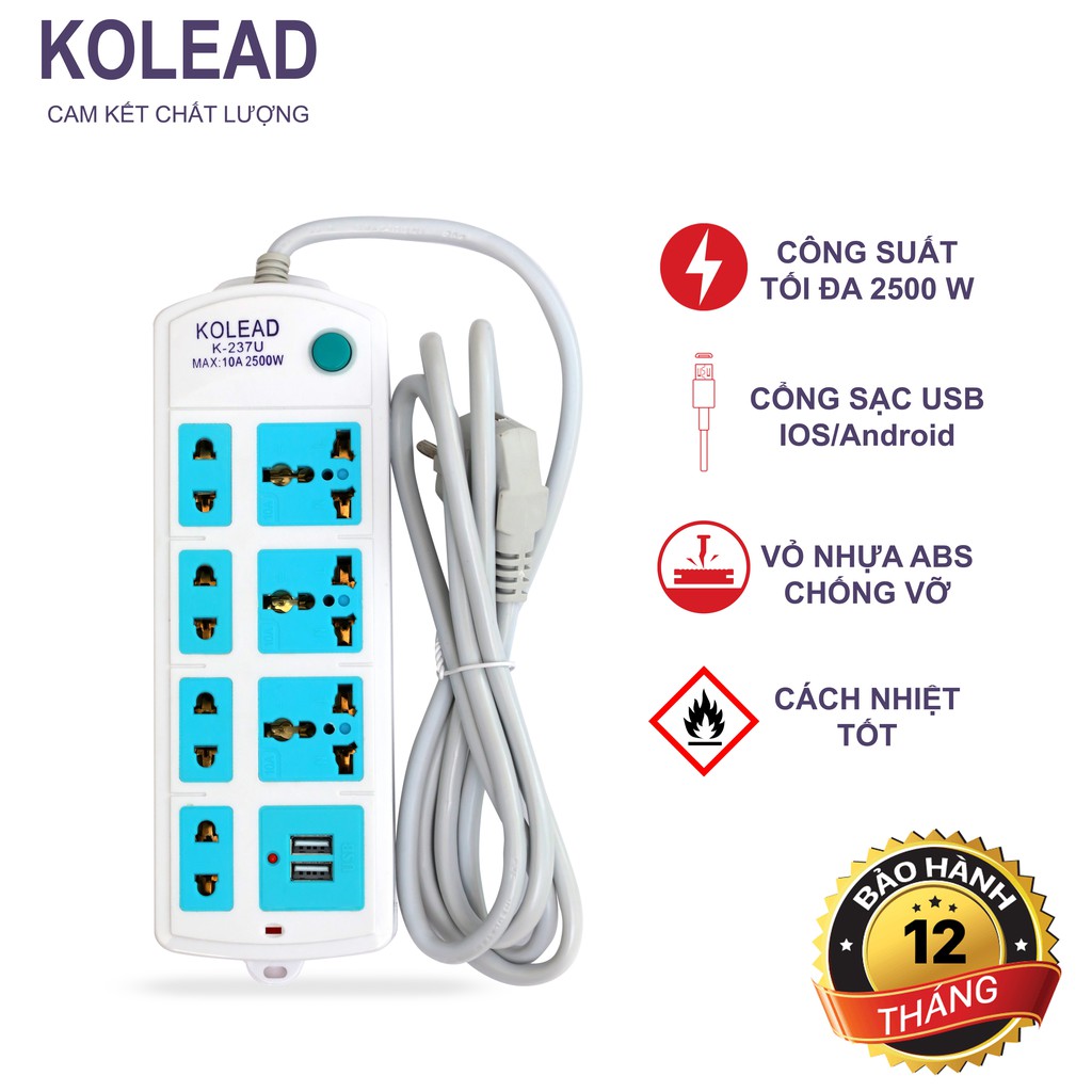 Ổ cắm điện đa năng Kolead Có USB Dây 2m - Bảo Hành Chính Hãng