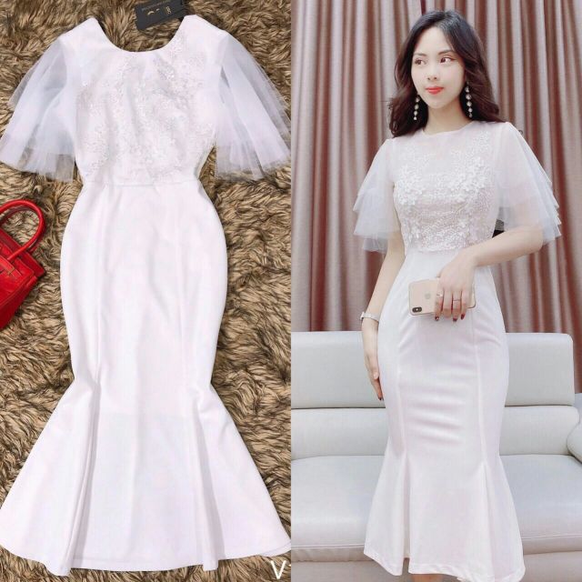 Đầm body trắng tay voan - dầm dự tiệc sang chảnh đính hoa 3d