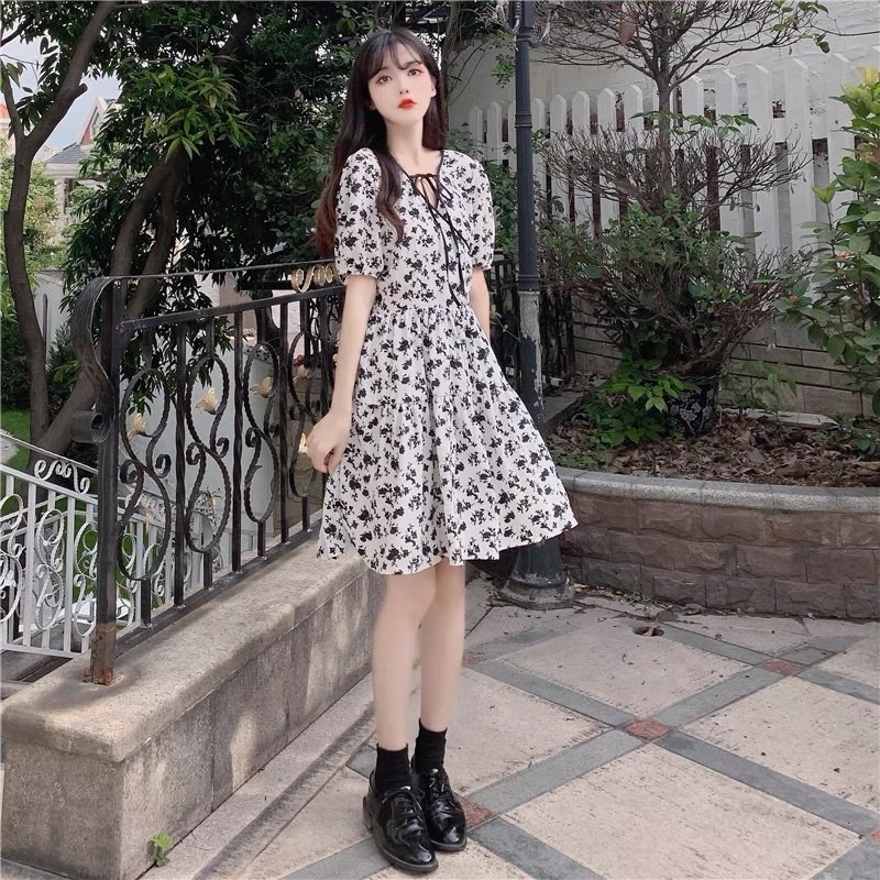 Váy hoa nhí tiểu thư cổ chữ V ulzzang phong cách retro họa tiết cá tính chất liệu cao cấp