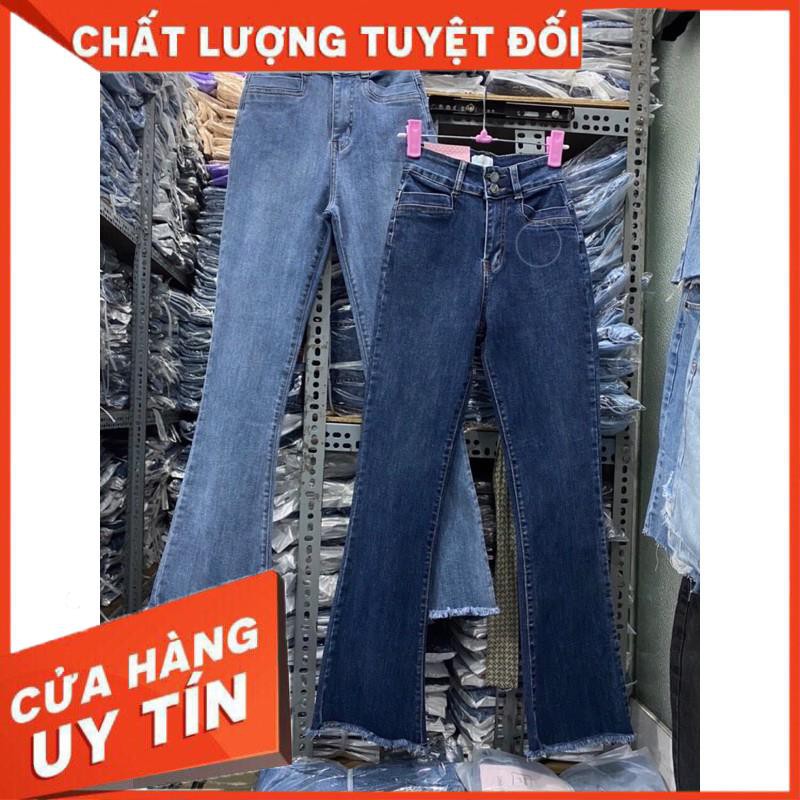 QUẦN JEANS DÀI ỐNG LOE NHẸ CO GIÃN LƯNG CAO 2 Nút- ảnh thật toàn bộ