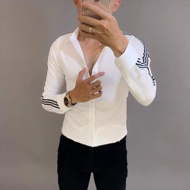 Sơ mi trắng phối 3 sọc viền tay