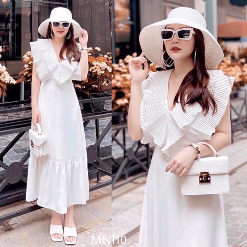 Đầm maxi xoè trắng | đầm maxi dài | váy maxi dập ly | váy trắng sang trọng đi biển đi chơi dạo phố MN110 - Đầm Váy Mina