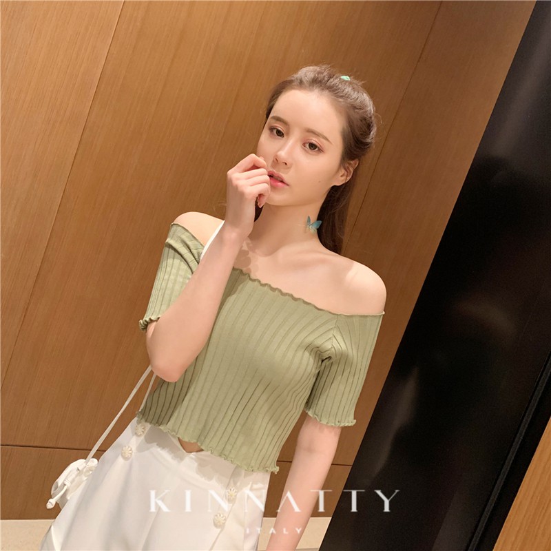 Áo trễ vai ulzzang tay lỡ, Dáng croptop ôm body chất len tăm co dãn nhẹ phong cách C09 Hàn Quốc