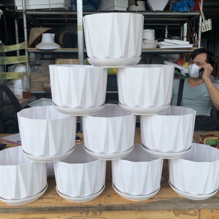 Chậu nhựa kèm đĩa rời múi khế giả chậu sứ để bàn trồng hoa cây cảnh siêu xinh