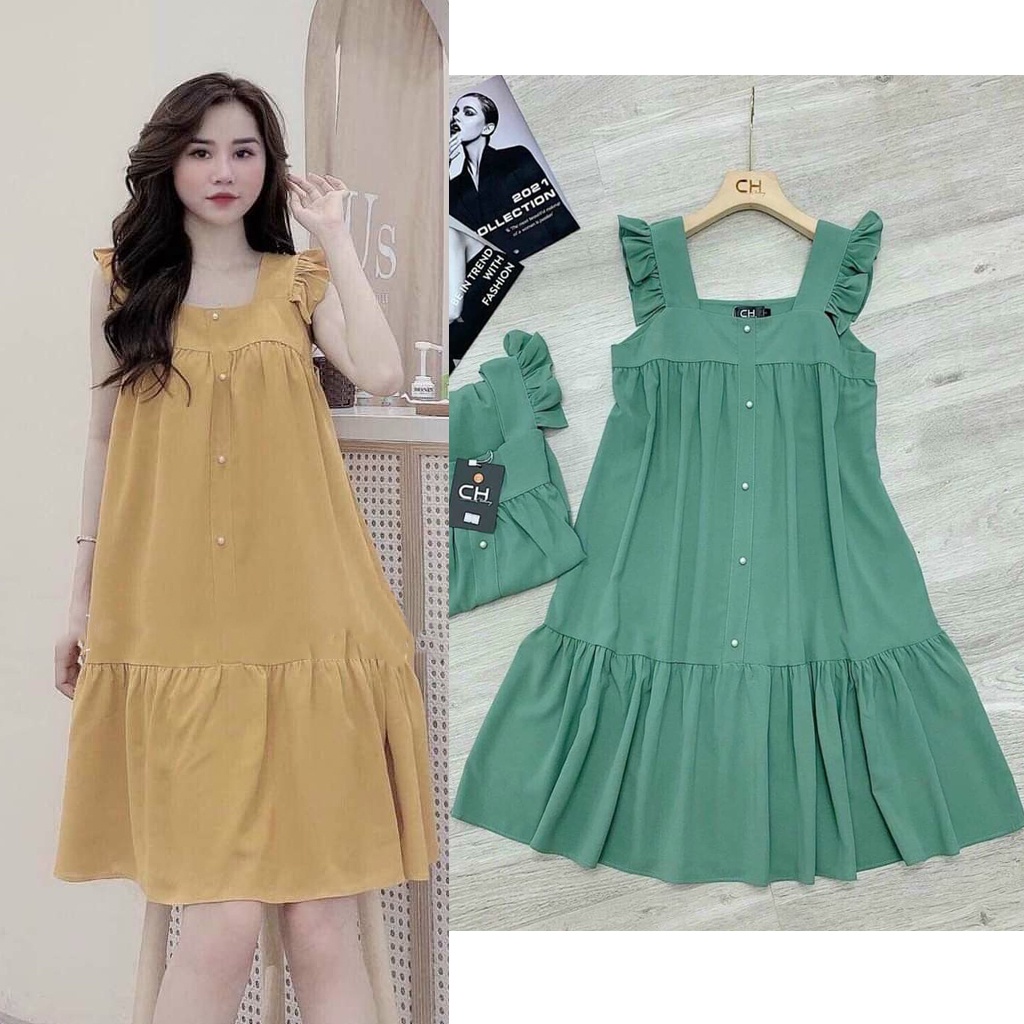 Đầm bầu hai dây đính hạt chai M349 thời trang thiết kế freesize Mom and Baby