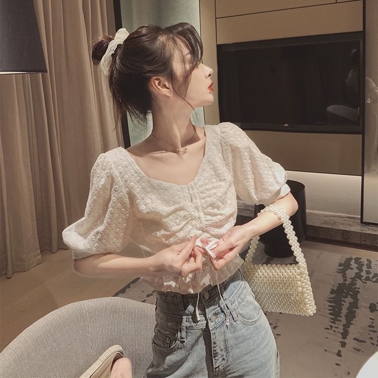 Áo Croptop Tay Phồng Cổ Chữ V Thời Trang Mùa Hè Cho Nữ