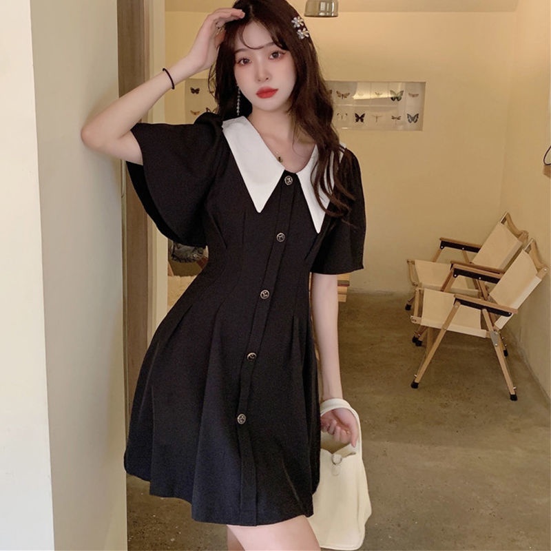 Váy Babydoll Bigsize Cổ Búp Bê Xuông Màu Đen Phong Cách Pháp Trang Xinh Xắn Váy Nữ