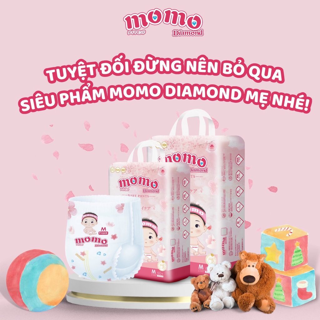 ( MUA 2 B GIẢM 15K)bỉm tã dán/quần MOMO DIAMOND ORGANIC S64/ M60/L54/XL50/XXL48/XXXL46 tinh chất hoa anh đào.