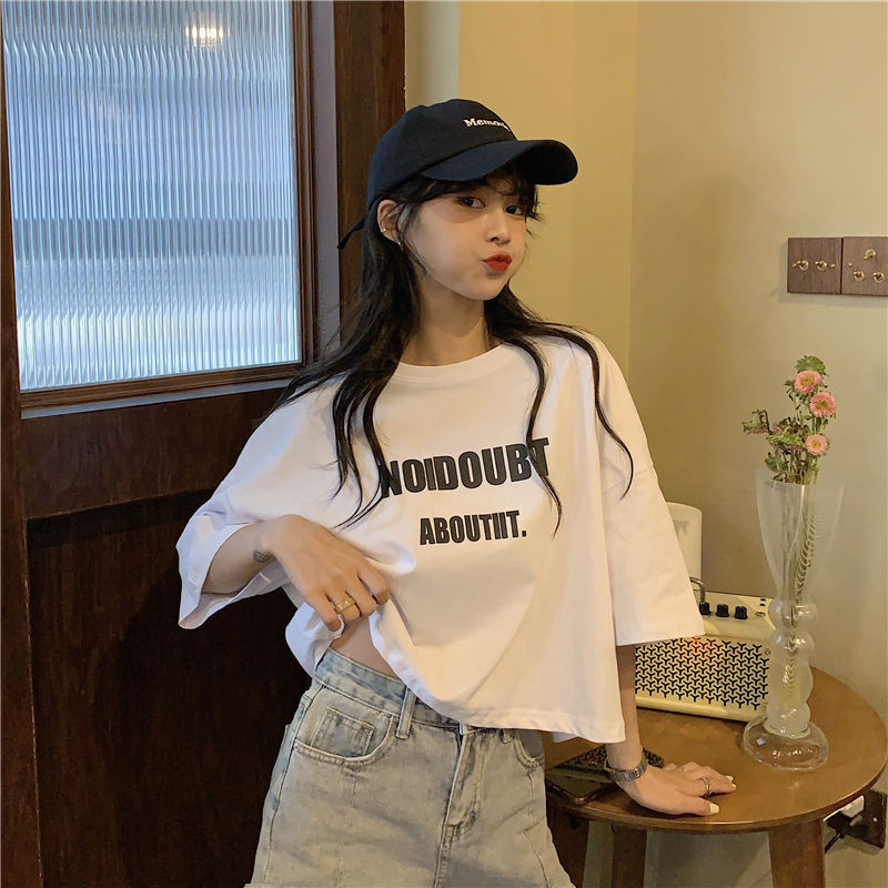 [3color] T-shirt Chic Elegant White Short Short Sleeve T-shirt Women's Ins Korean Style Printed Fashionable round Neck Pullover Top Clothes [S-2XL]]