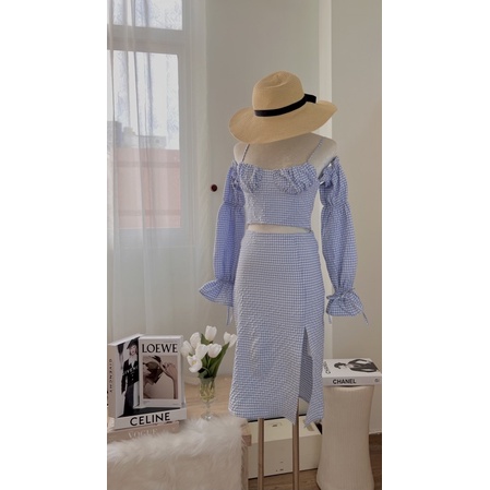 Set váy caro trễ vai
