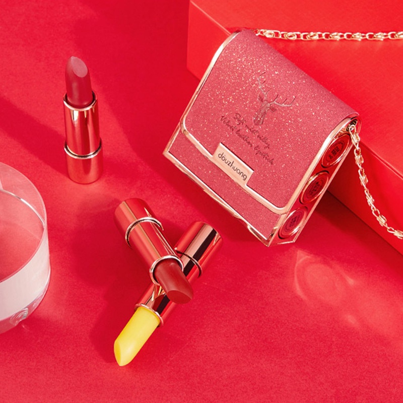 Set Son Môi Nhung Lì Dưỡng Ẩm Không Dễ Phai Màu Hộp Đựng Dạng Túi Xách Đính Kim Cương Nhỏ