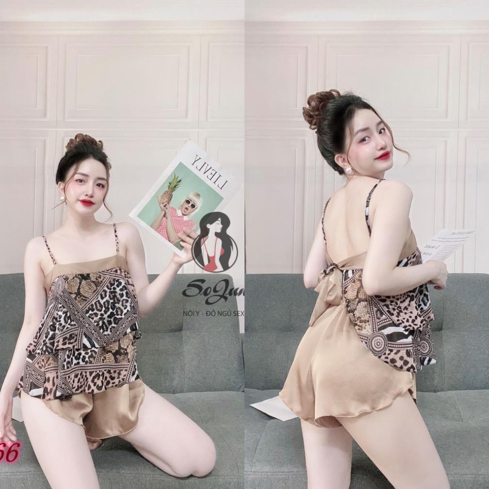 Đồ Ngủ Sexy, Bộ Yếm Chiffon Phối Quần Satin Chất Cực Mát Freesize 40&lt;65kg