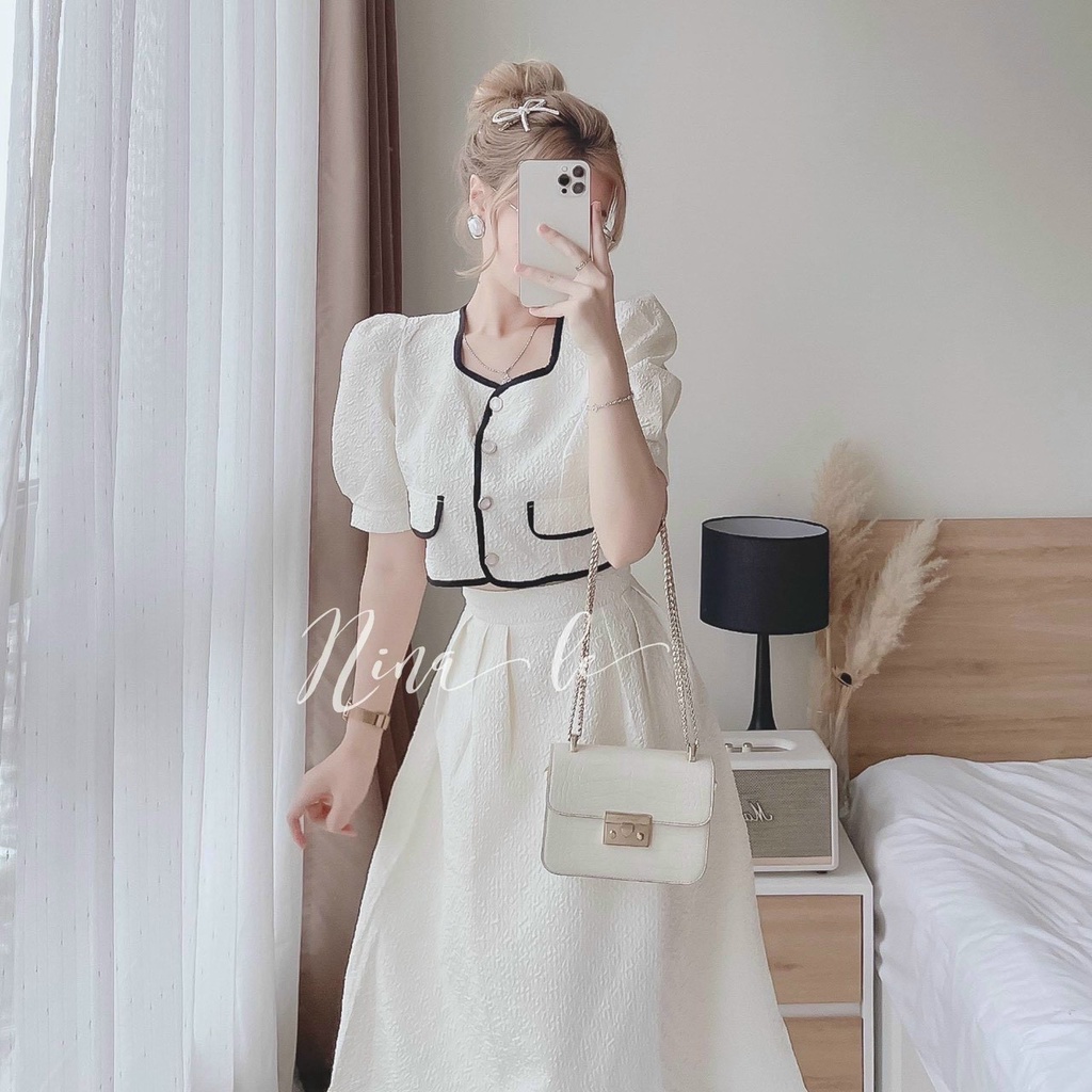 sét áo viền né cài nút thật kèm chân váy dài siêu xinh