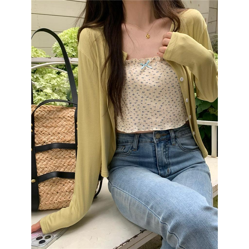 Áo Khoác Cardigan Mềm Dáng Rộng Không Tay In Hoa Thời Trang 65256
