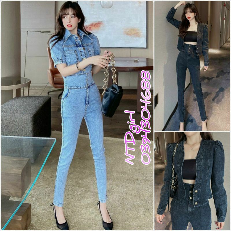Hàng nhập - Set bộ jean nữ gồm quần dài và áo croptop, sét đồ thời trang vải bò xinh xắn