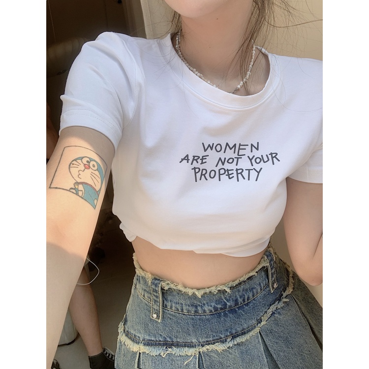 QKOOLE  Áo Thun Croptop Tay Ngắn Màu Trắng Phong Cách Hàn Quốc Cho Nữ