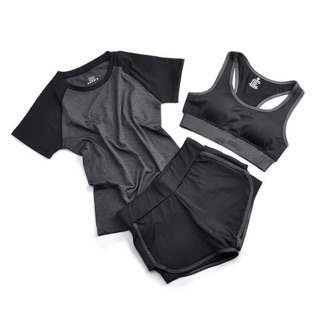 Bộ tập gym 3 chi tiết màu xám đen kiểu dáng body