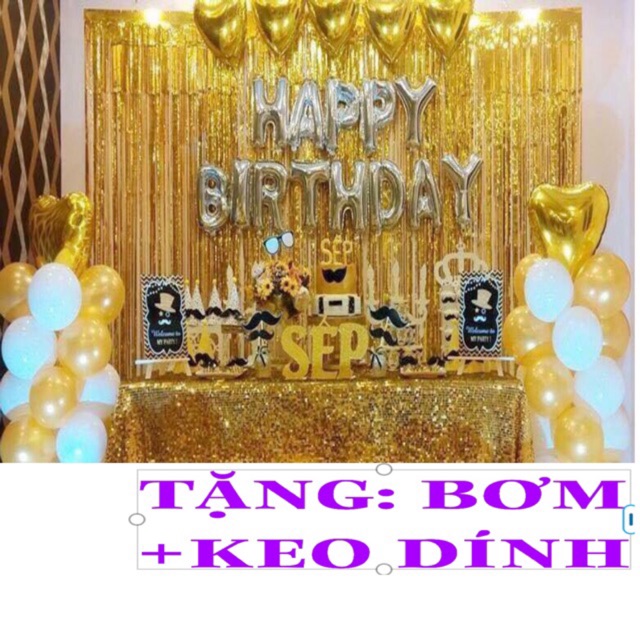 Combo Trang Trí Sinh Nhật Cho Bé Bóng Happy Birthday 50 Bóng Nhũ Có 2 Rèm Kim Tuyến