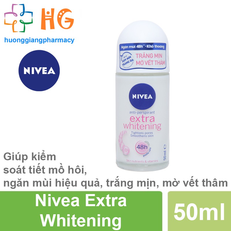 Lăn khử mùi Nivea Extra Whitening - Kiểm soát tiết mồ hôi, ngăn mùi hiệu quả, trắng mịn và mờ vết thâm (Lọ 50ml)