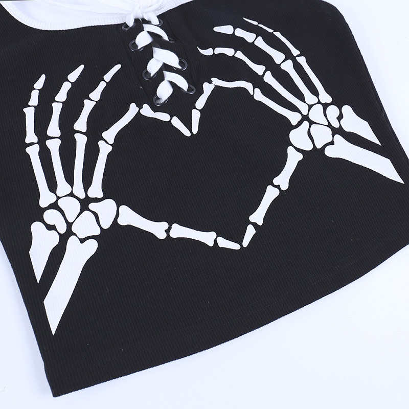 Áo Tank Top Hở Lưng Cột Dây In Hoạ Tiết Xương Cá Tính Trẻ Trung Dành Cho Nữ