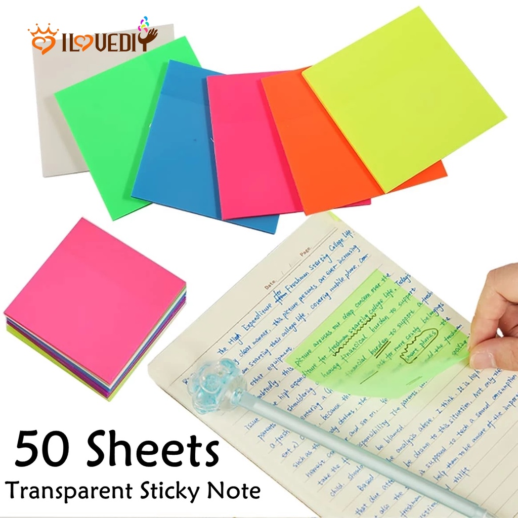 Set 50 Tấm Giấy Ghi Chú Tự Dính Trong Suốt Không Thấm Nước Nhiều Màu Sắc Có Thể Tháo Rời Cho Học Sinh
