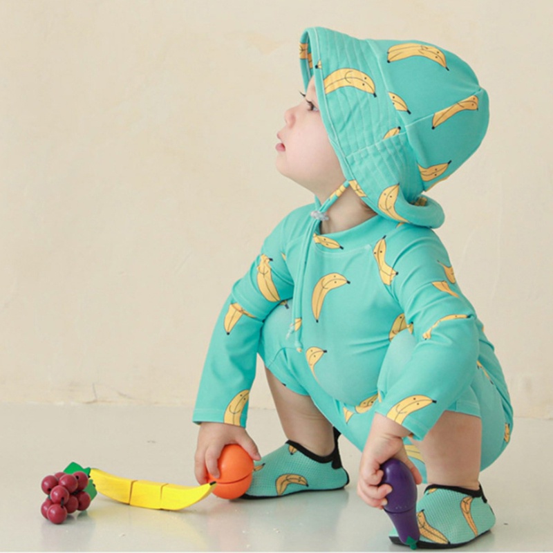 Bộ Đồ Bơi Một Mảnh Tay Dài In Họa Tiết Trái Chuối Dễ Thương Kèm Nón Dành Cho Bé Trai Gái 1-7 Tuổi