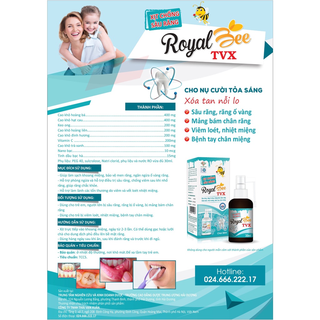 Xịt chống sâu răng Royal Bee TVX 30ML giúp làm sạch khoang miệng , bảo vệ men rưng , ngăn ngừa ố vàng răng