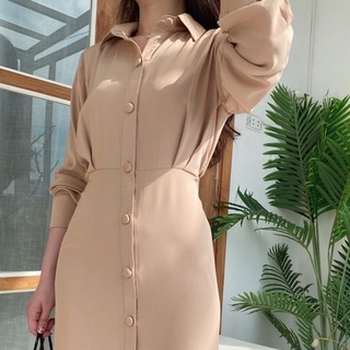 Váy sơ mi mùa thu dài Hàn Quốc cài khuy lụa cotton