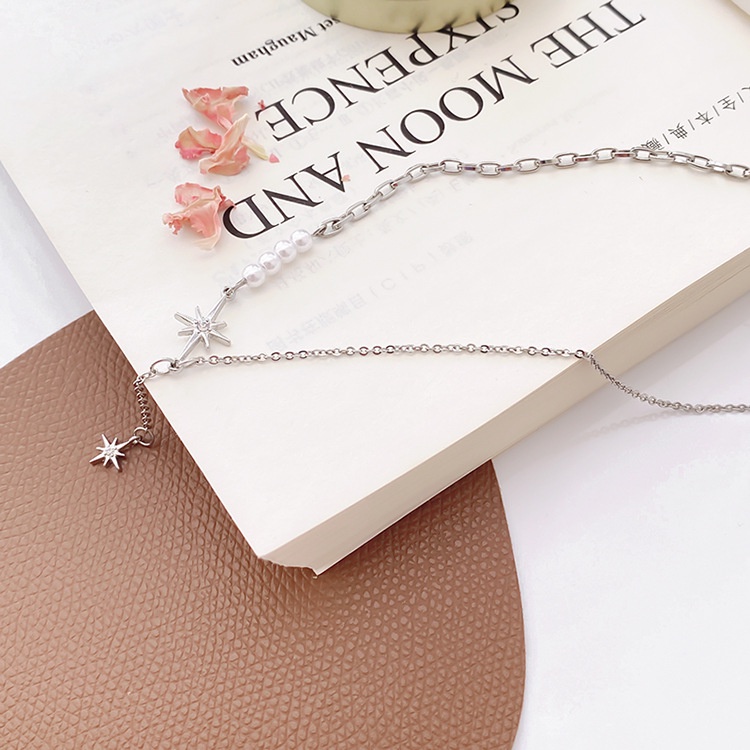 Vòng cổ choker bạc dây xích bất đối xứng gắn hạt trai mặt ngôi sao VC001 Leous Accessories