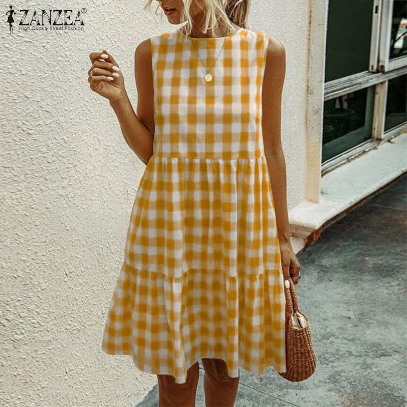 Đầm ZANZEA không tay cổ tròn họa tiết caro nhún bèo dáng rộng dành cho nữ