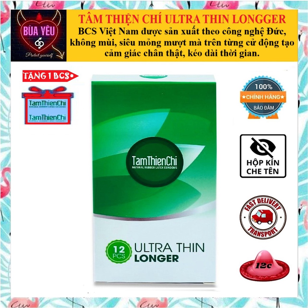 Hộp 12 cái Bao cao su Tâm Thiện Chí Tâm Thiện Chí ULTRA THIN LONGER mỏng kéo dài TTC