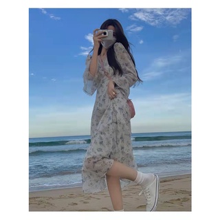 Đầm midi voan xanh dương dài tay phong cách pháp retro mùa xuân mới 2022