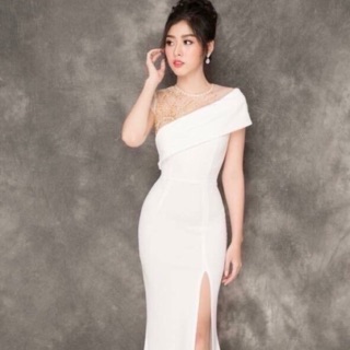 D123-Đầm dạ hội xẽ tà trắng đen