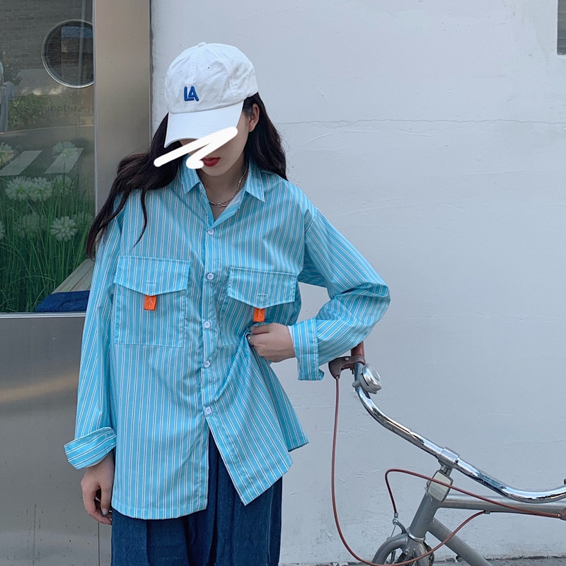 SUXI Áo Sơ Mi Nữ Dài Tay Dáng Rộng Kẻ Sọc Kiểu Retro Mới