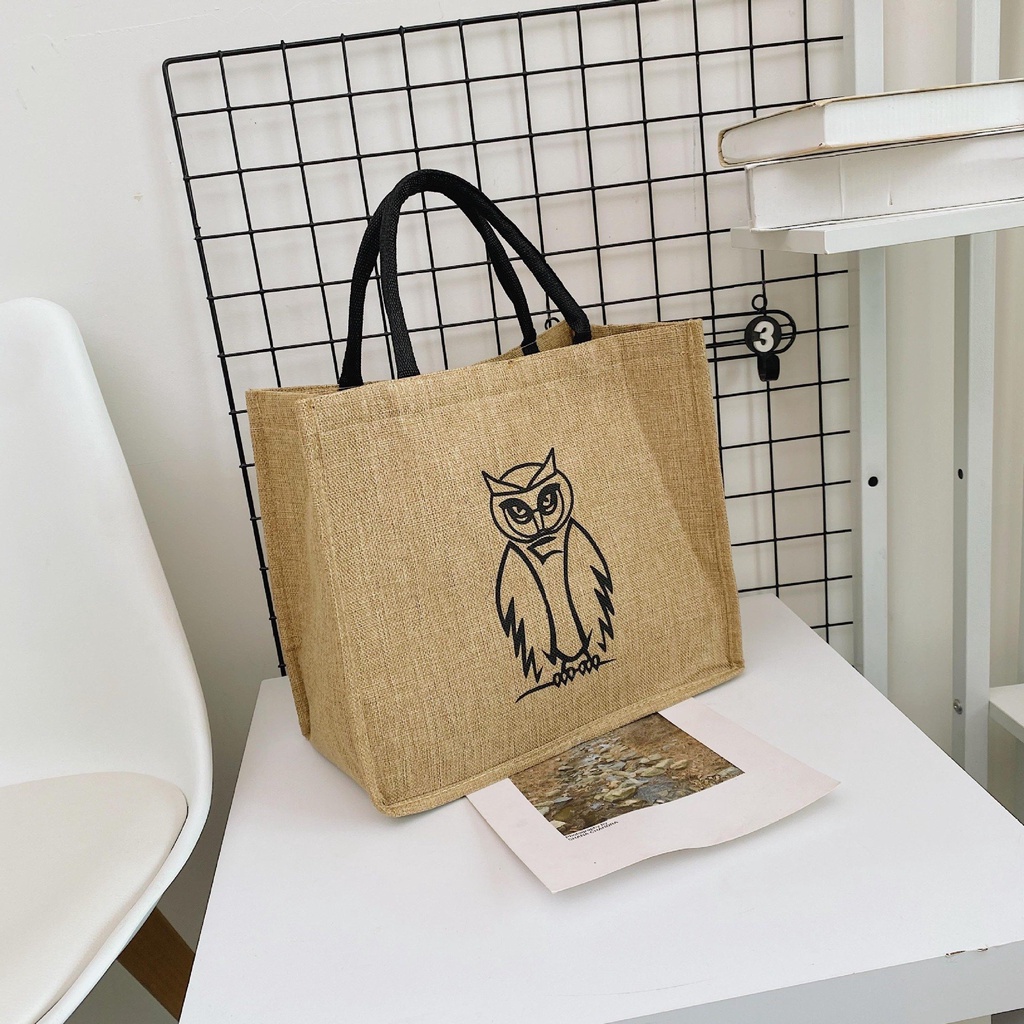 Túi cói họa tiết cú dễ thương phong cách đi biển