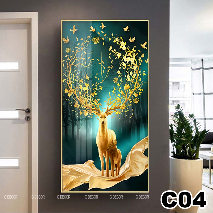 Tranh treo tường canvas 1 bức phong cách hiện đại Bắc Âu 02, tranh hươu tài lộc trang trí phòng khách, phòng ngủ, spa